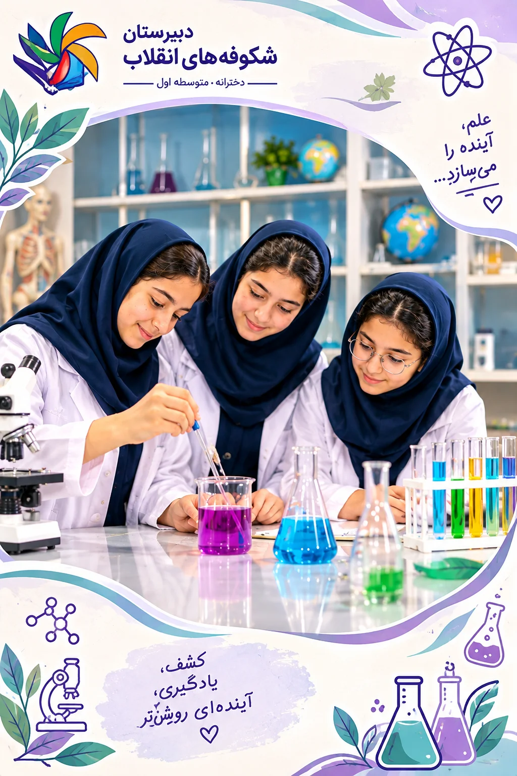 دانش‌آموزان دختر محجبه در آزمایشگاه مدرسه