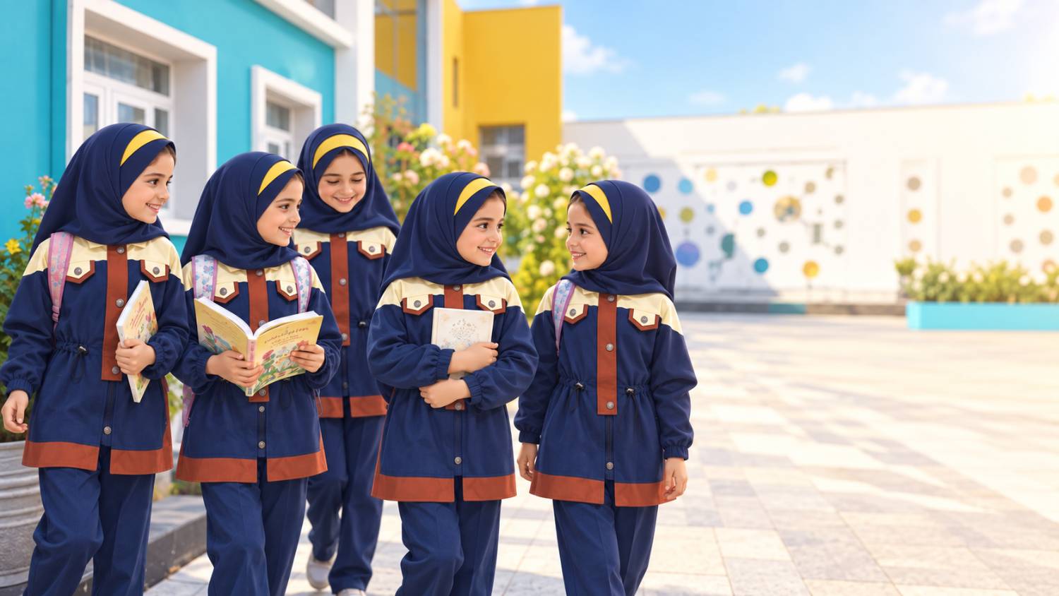 دانش‌آموزان دختر محجبه در حیاط مدرسه ابتدایی