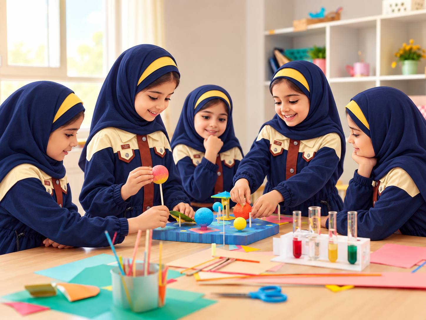 دانش‌آموزان دختر محجبه در حال انجام فعالیت آموزشی